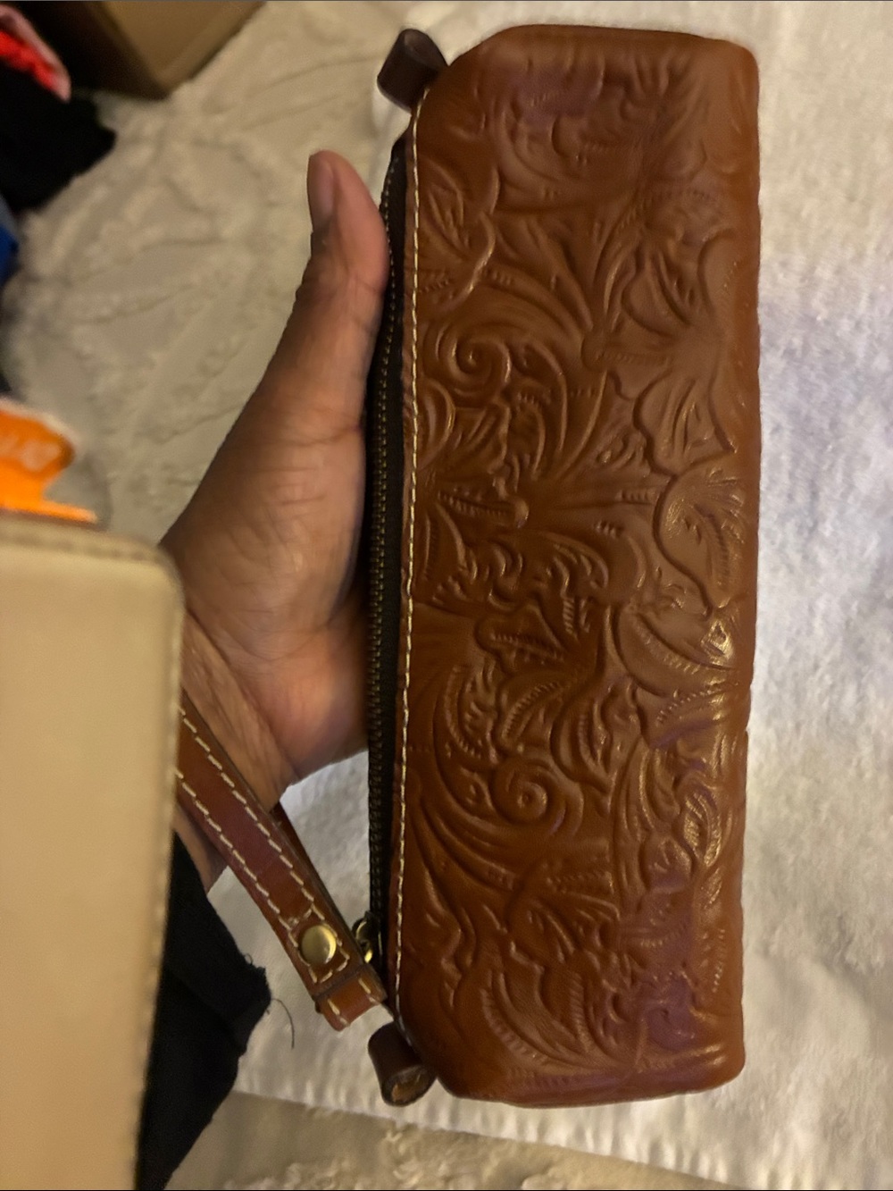 Patricia Nash Embossed Brown Leather Zip Pouch wristlet, pencil or cosmetic bag